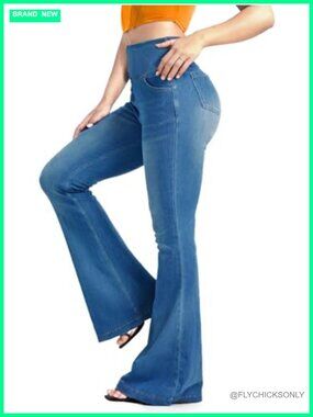 Knit Stretchy Flare Jeans High Waisted Pull On Bell Bottom Pants